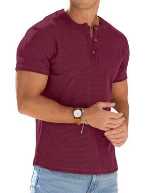 Men's Red Muscle Henley Workout Athletic Short Sleeve Slim Fit Lightweight Shirt